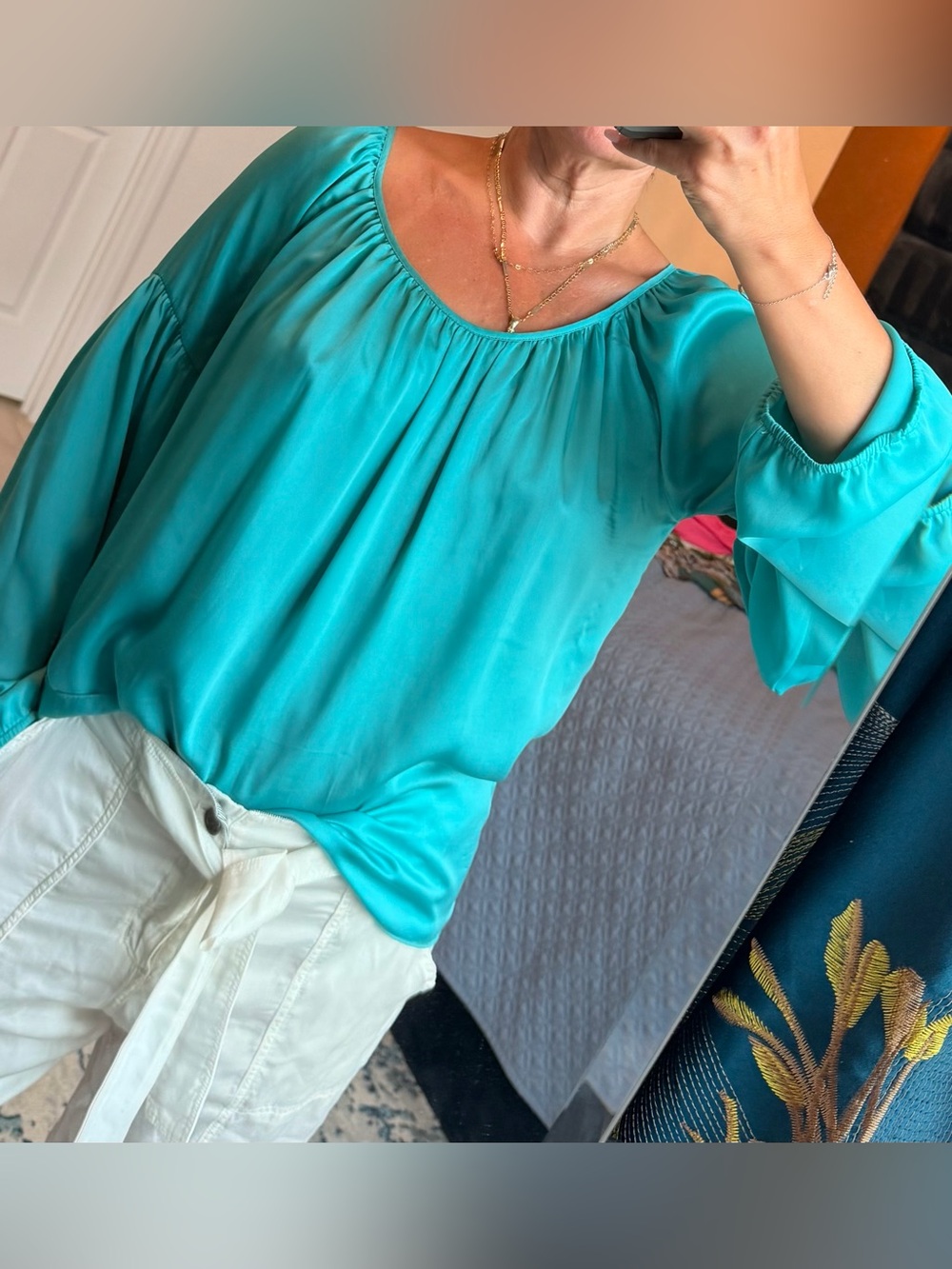 Kenar Turquoise Peasant Blouse with Gathered Neckline